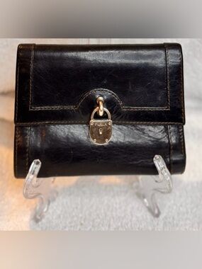 EUC Vintage Furla Black Trifold Leather Wallet with Padlock